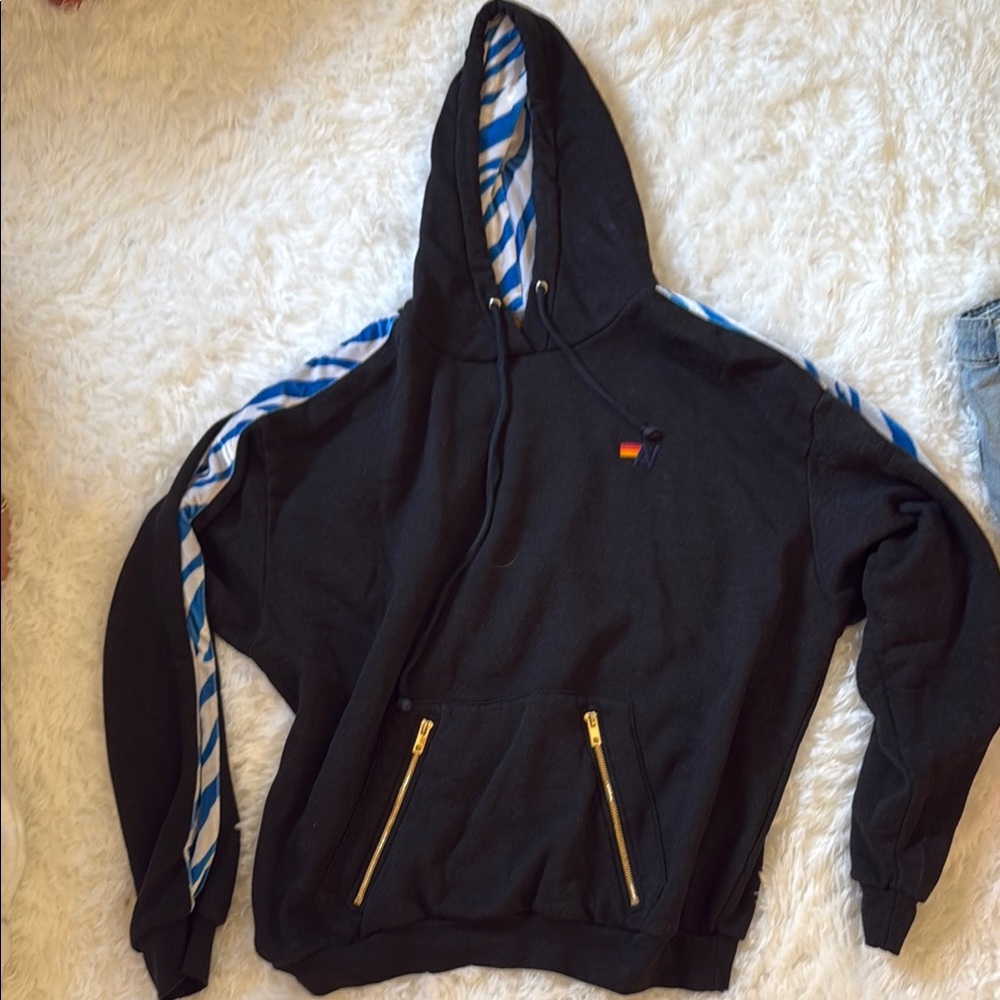 Aviator Nation Black and Blue Hooded Jacket with Striped Trim